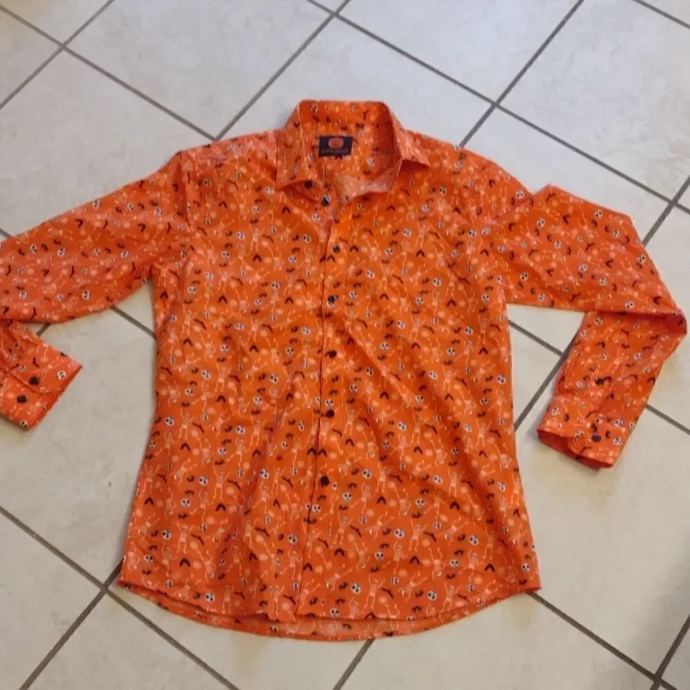 NWOT Simon Banks Halloween buttondown longsleeve shirt orange skeleton M